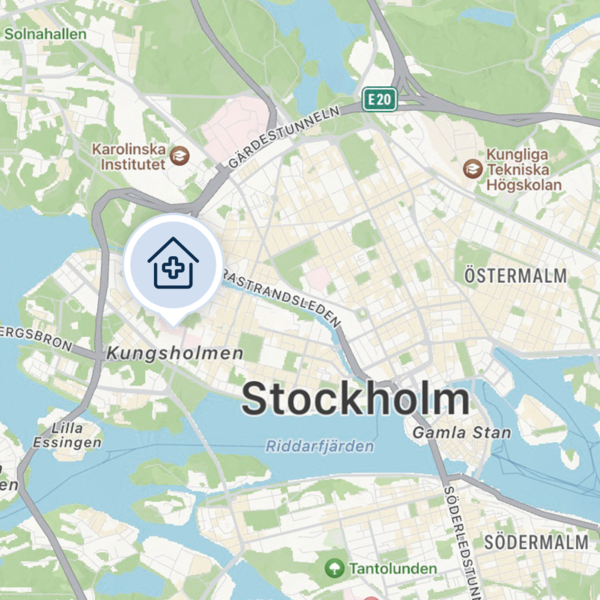 karta som visar ut Capio S:t Görans sjukhus i Stockholm, på Kungsholmen